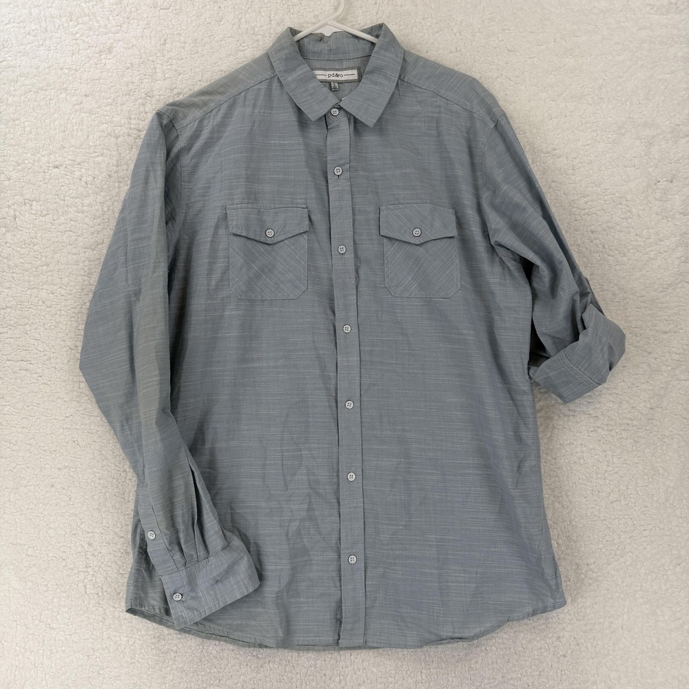 Pd&c Shirt Mens Large Gray Solid Long Sleeve Button Front Dual Pocket Cotton